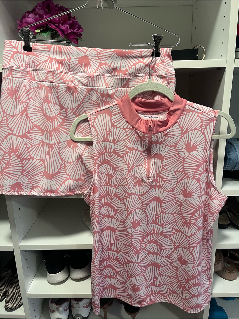 Tommy Bahama Coral and White Shell-Print Golf Top and Skort. Two pieces.